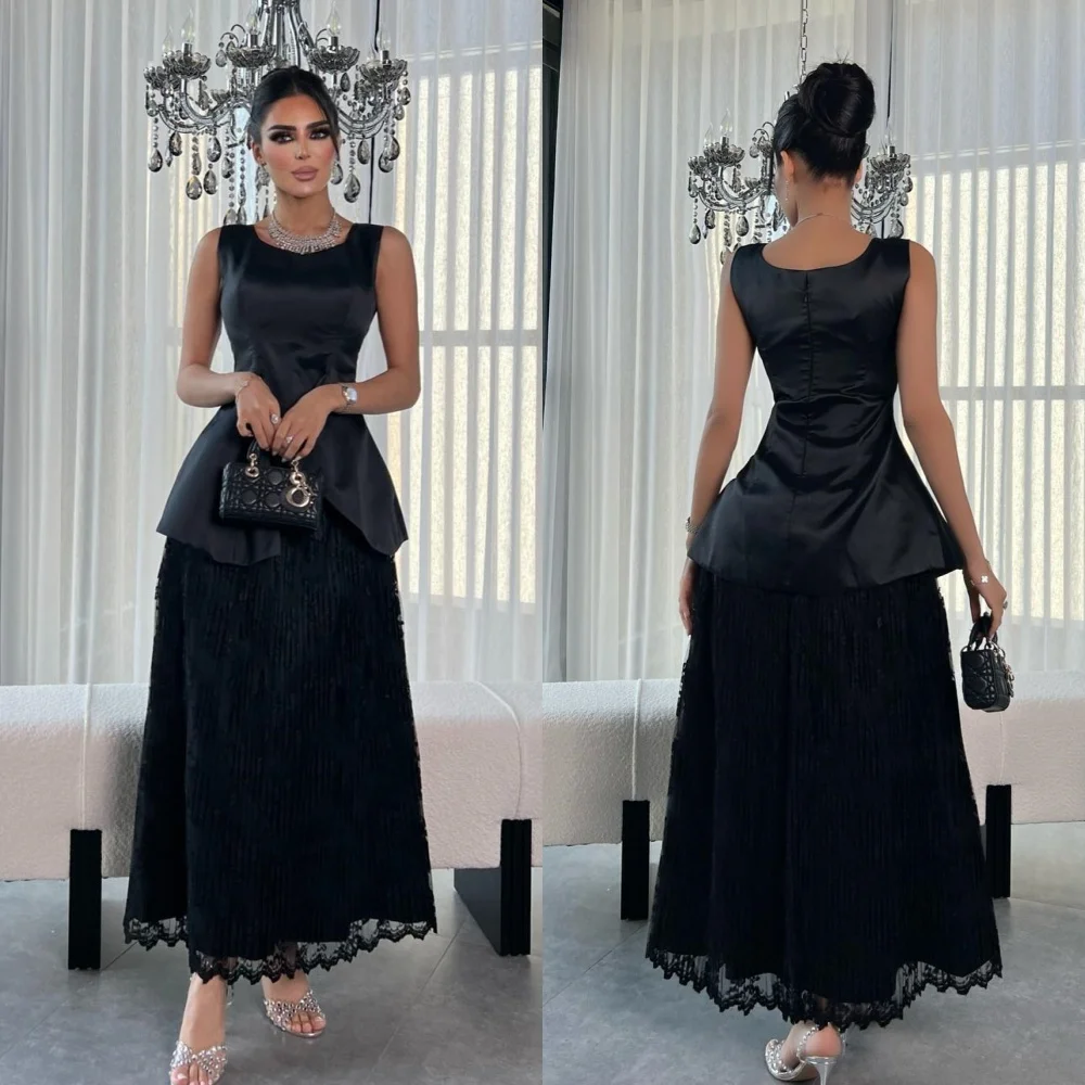 

Customized Formal Satin Pleat Pattern A-line Jewel Midi Dresses Evening Dresses Modern Style High Quality Sizes Available Retro