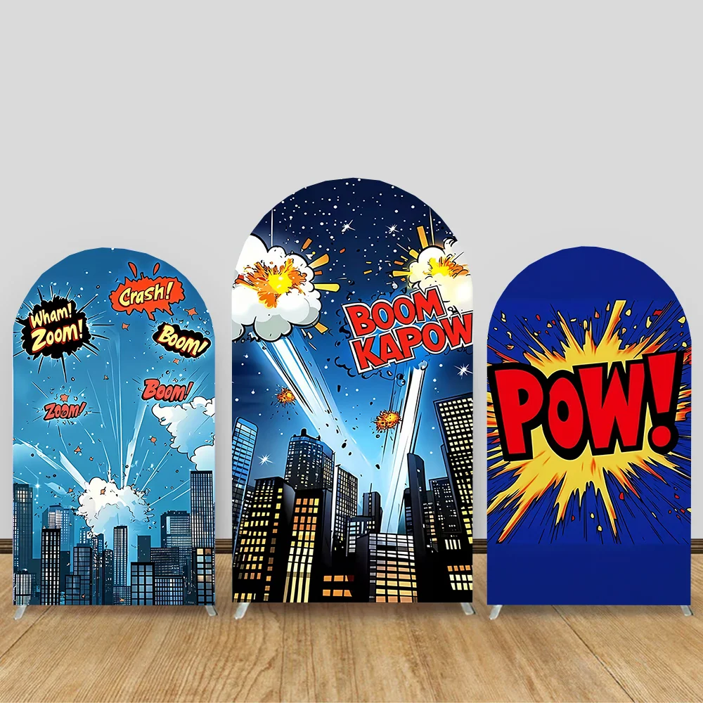 

Superhero Comic Style Arch Decoration Background Cover City Building Happy Birthday Party Layout Photography Props