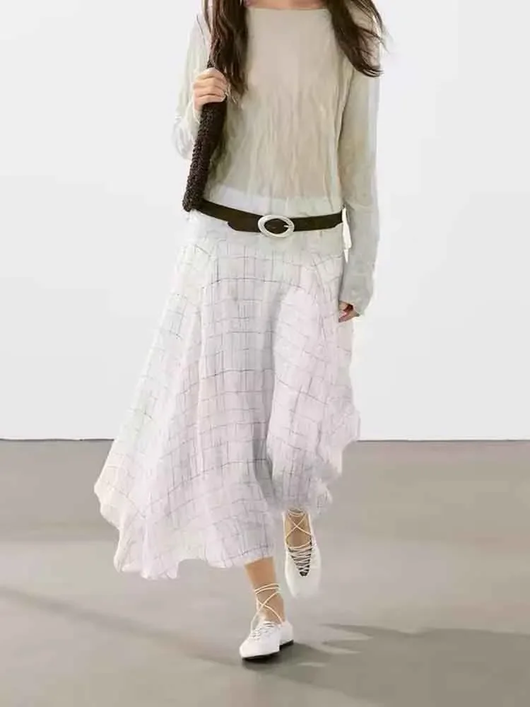 

European style new women's fashion versatile temperament irregular skirt drape plaid mid-length skirt