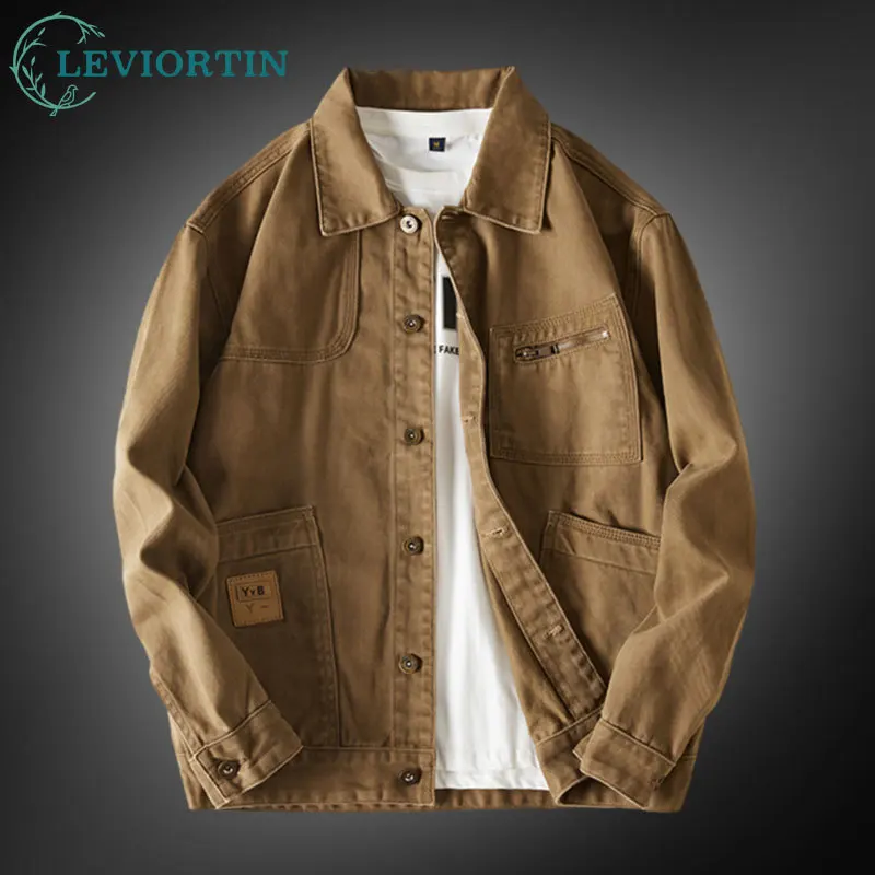 

Мужская рабочая куртка из чистого хлопка саржевого переплетения, мужское джинсовое пальто с несколькими карманами, универсальная приталенная прочная универсальная куртка для улицы