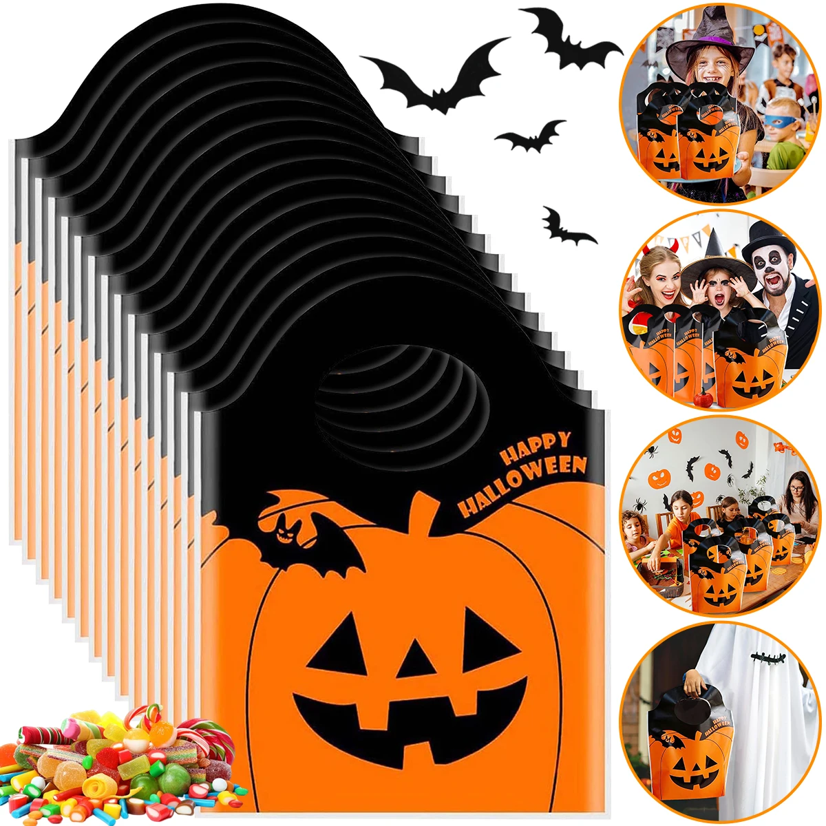 

50/100Pc Halloween Candy Treat Bags Pumpkin Gifts Packaging Bag Goodie Wrapping Pouch for Kid 2023 Trick or Treat Party Supplies