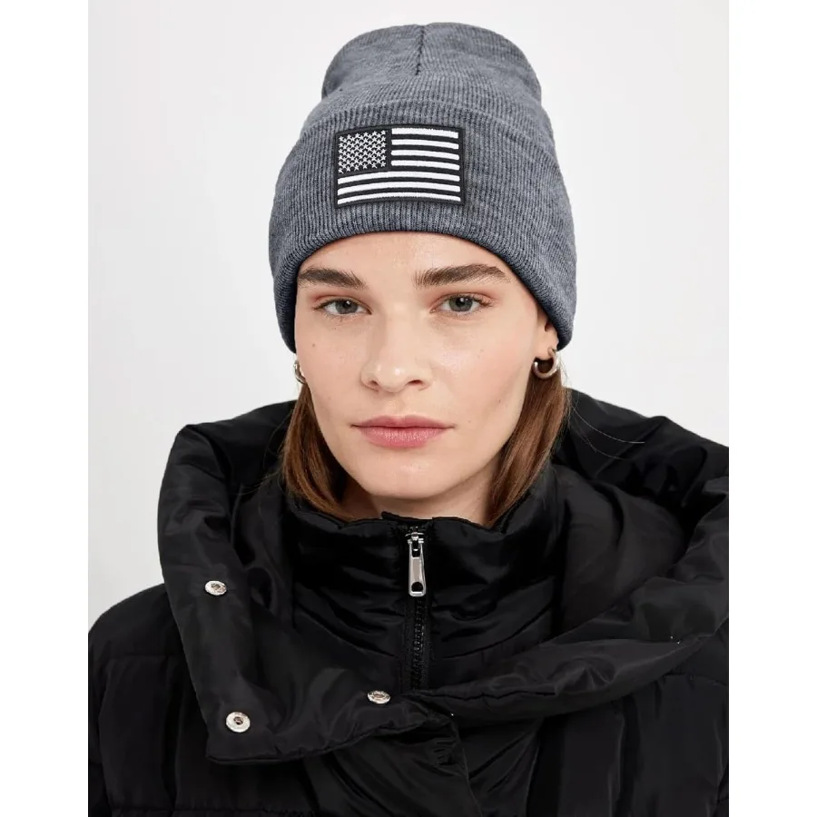 Topi Musim Dingin Beanie Bordir Bendera Amerika untuk Pria Wanita Perlengkapan Taktis Militer Multi-musim Topi Hangat Musim Dingin Tentara Polisi