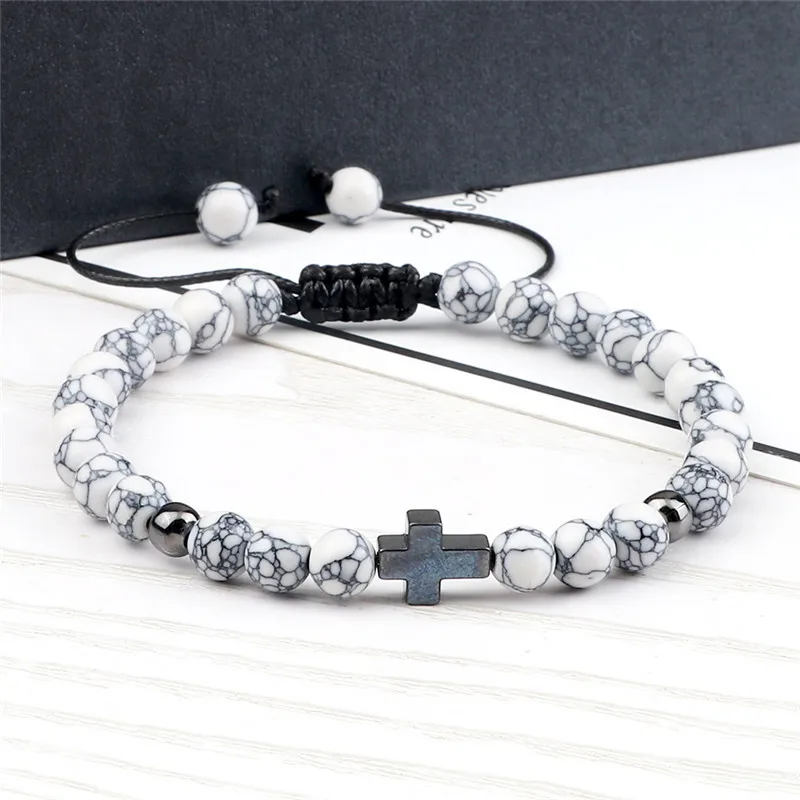 الحجر الطبيعي الخرز مضفر سوار للرجال والنساء ، Charm المسيحية ، يسوع الإسورة ، الإسورة ، الصداقة المجوهرات ، الإسورة ، الصليب ، 6 مللي متر