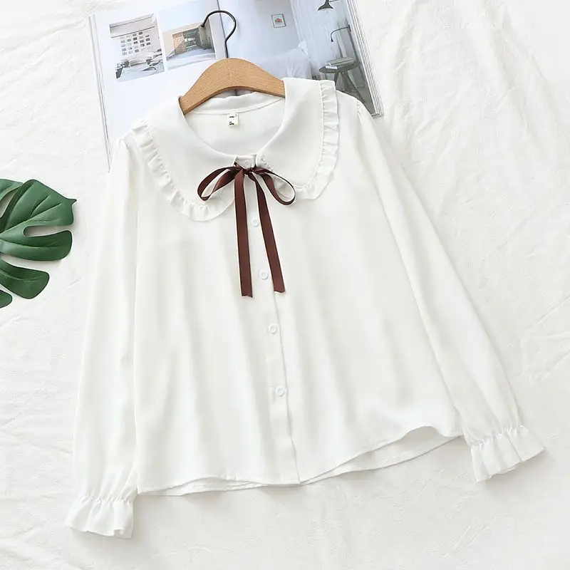2025 New Kids' Korean Style Ruffled Collar Lace Trim Layering Blouse for Girls Children Medium Large Size Stylish Basic Shirt