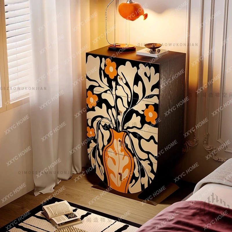 Vintage Abstract Floral Four-Drawer Decorative Entryway Cabinet Living Room Storage Multi-Functional Organizer