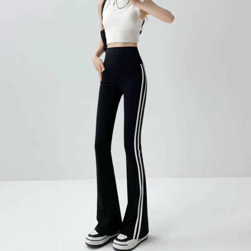 Fashion Side Stripe Flared Shark Pants Female Thin Style Leggings High Waist Hip Liftting Workout Running Skinny Yoga Leggings