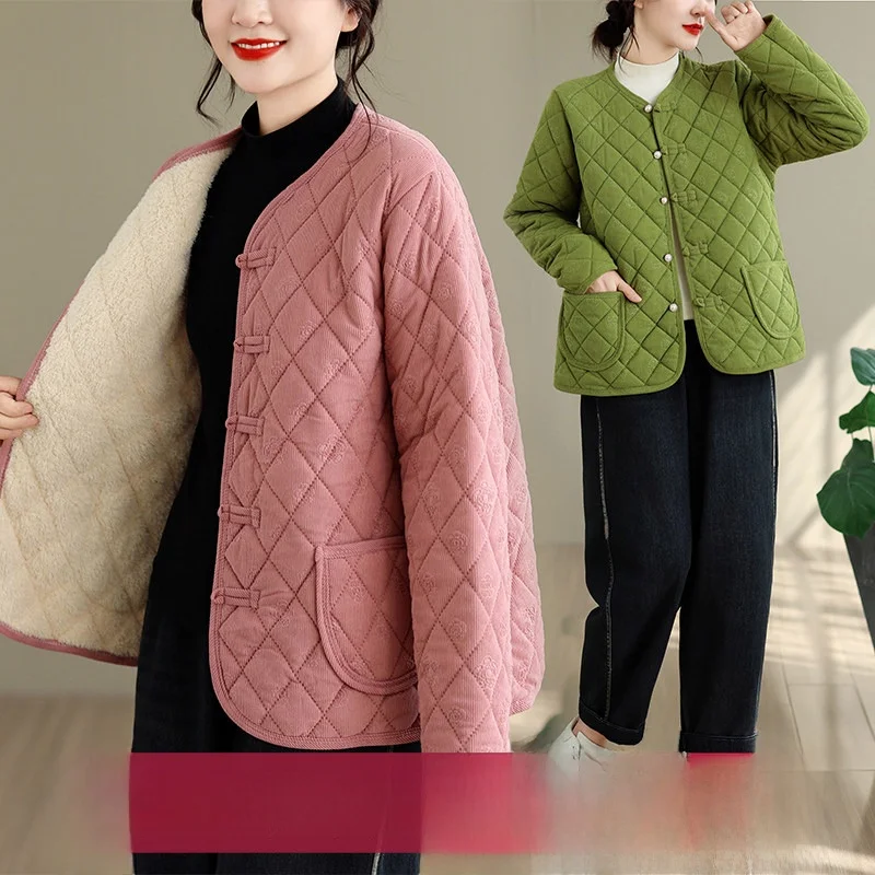 Thin Fleece Lined Cotton Jacket Velvet Winter Women's Clothing Pure Color Diamond Pattern V Neck Long Sleeve Cardigan Coat