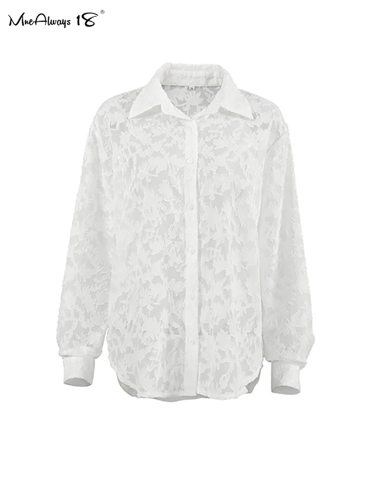 Mnealways18 White Jacquard Weave Oversized Shirts Office Ladies Lapel Casual Classic Perspective Blouses And Tops Autumn 2024