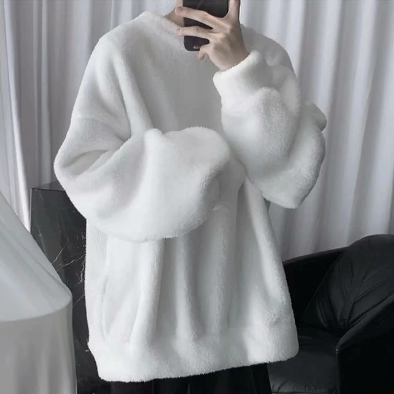 Oversize Sweatshirt Solid Color Lamb Hair O-Neck Long Sleeve Men's Sweatshirt Korean Fashion Loose Hoodies Streetwear Harajuku