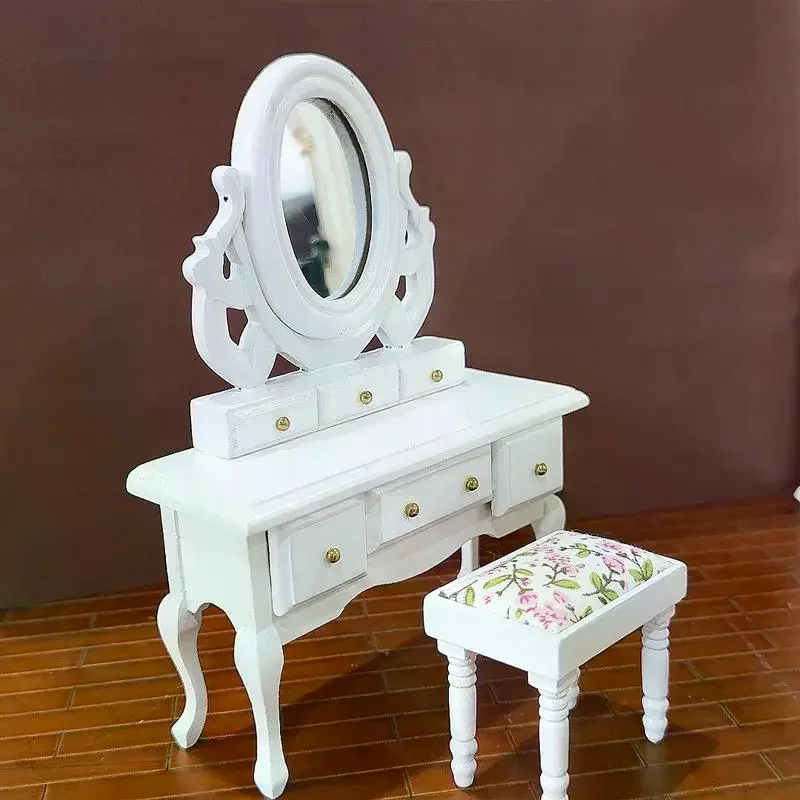 

Кукольный домик, стол для спальни, табурет, модель, ролевые игры, игрушки, подарки, 1:12, кукольный домик, миниатюрная мебель, столик, туалетный столик с зеркалом