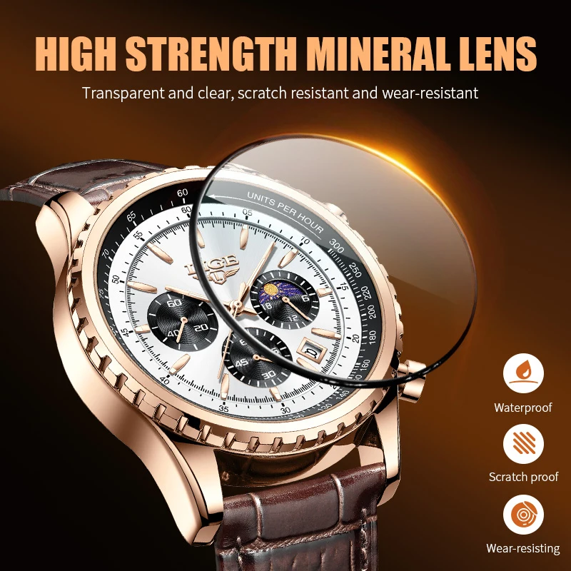 LIGE Herren-Luxusuhr, weiches Lederarmband, Datum, Sport, Quarzuhren, modisch, sechs Zeiger, wasserdicht, Chronograph, Business-Herrenuhr