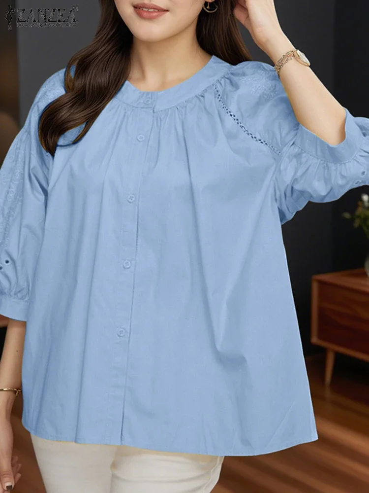 Vintage Lace Shirts Women Elegant OL Work Tunic Fashion Three Quarter Hollow Out Blusas 2025 ZANZEA Casual Loose O Neck Tops