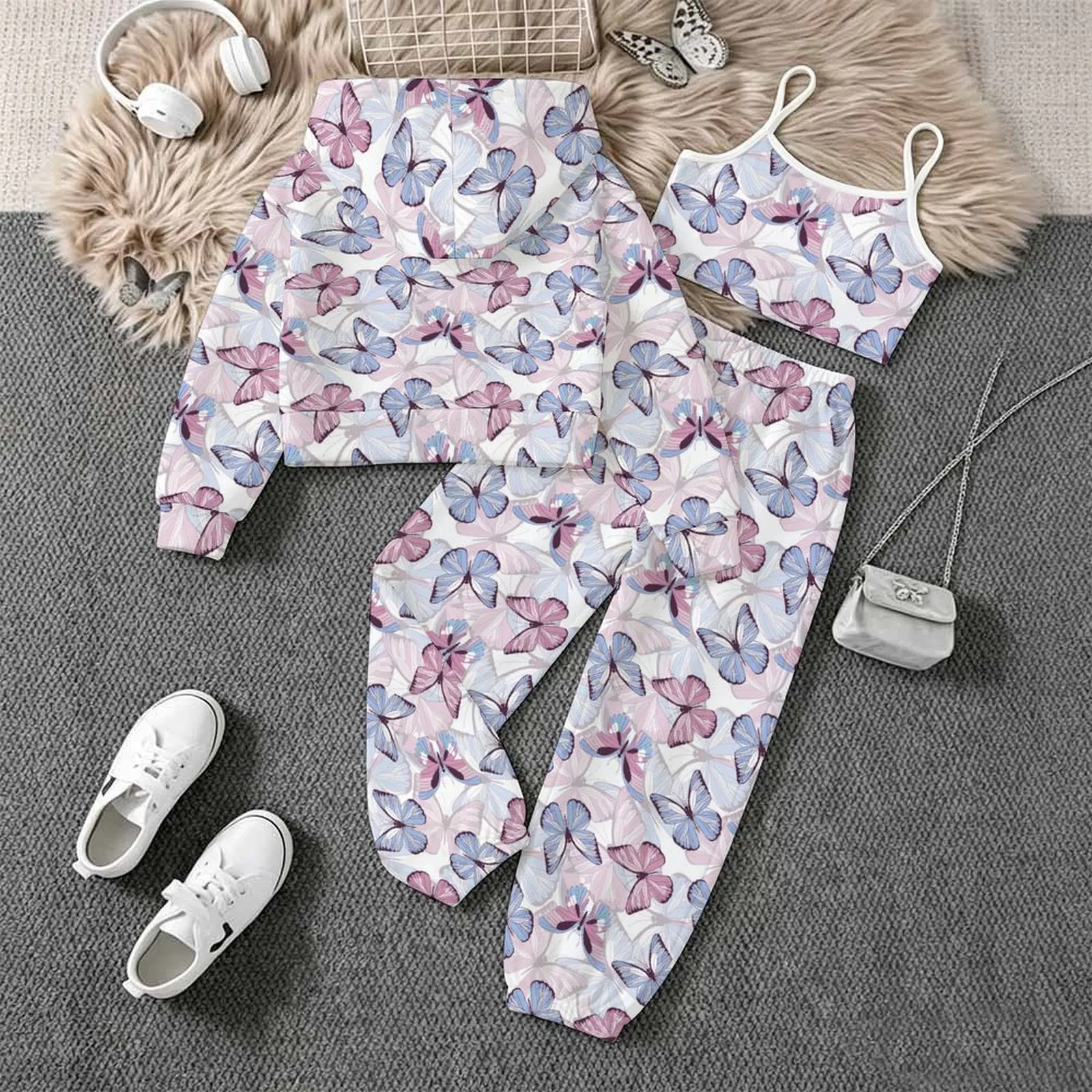 Zipper Hoodie Long Sleeve Coat Winter Jogging Pants Children's Printed Three-Piece Set Autumn Girls Yoga Pants Fashion Vest