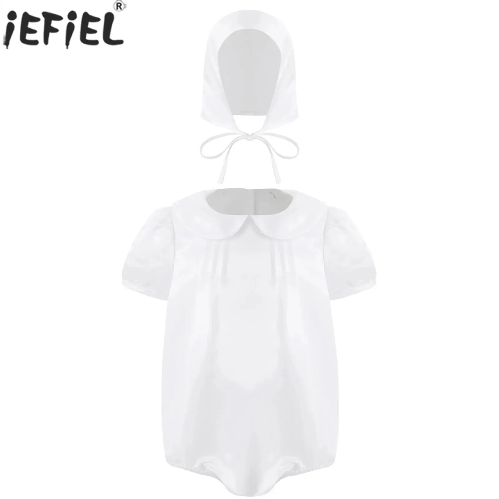 Infant Christening Baptism Birthday Party Romper Gown Puff Sleeve Solid Bodysuit with Bonnet Set Wedding Photography Costume