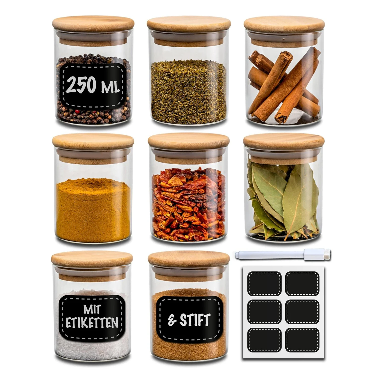8 piezas, tarros de vidrio para almacenamiento de alimentos, 250 ml, recipientes de vidrio transparente con tapas, tarros de almacenamiento de alimentos, tarros de especias, té floreciente, café y tarros de azúcar, contenedores de almacenamiento de granos de alimentos adecuados para cocinas caseras