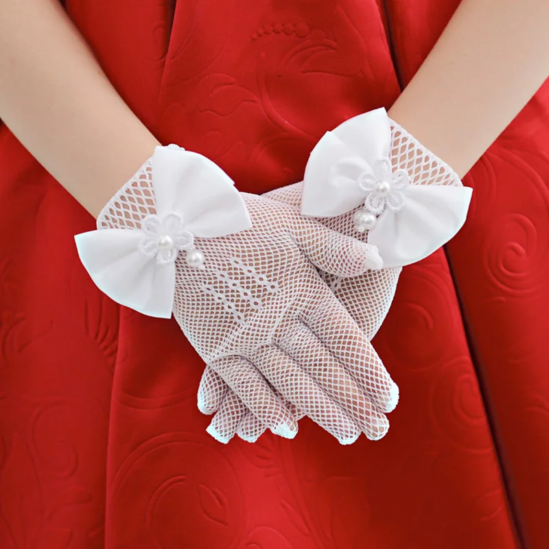 Guantes cortos con lazo de malla para niñas, decoración de perlas y encaje, elegantes, a la moda, para fiesta