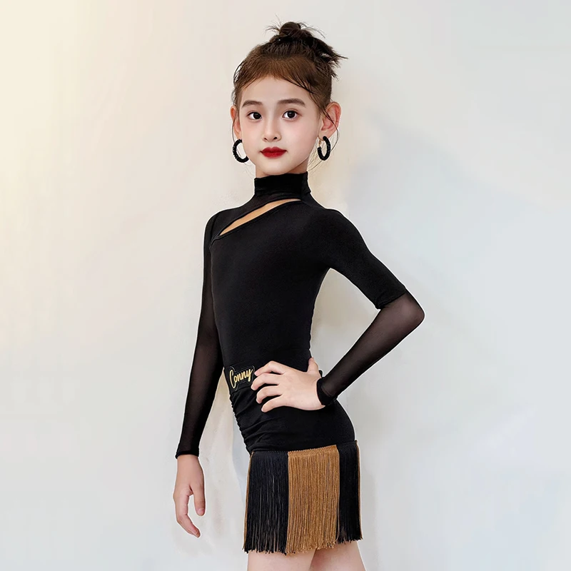2025 New Latin Dress For Girls Black Performance Clothes Long Sleeve Bodysuit Fringe Skirt Kid Competition Stage Outfit
