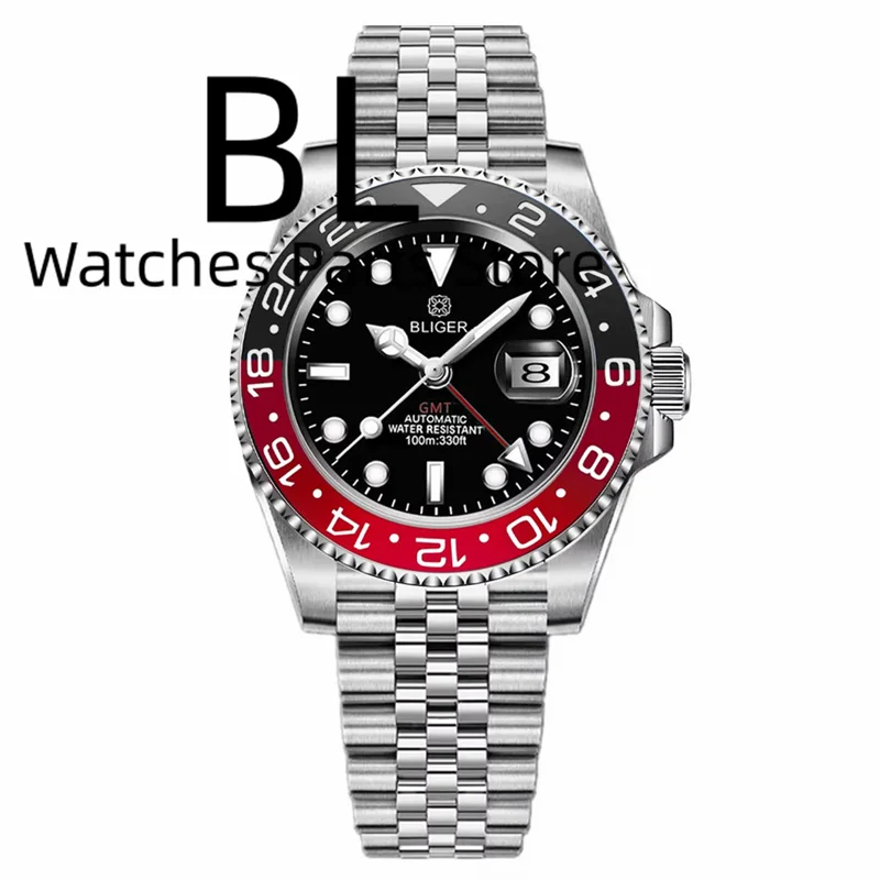 BLIGER Logotipo personalizado 40MM zafiro GMT Reloj mecánico para hombre bisel de cerámica 10Bar luminoso nuevo extremo enlace Glide Lock pulsera Reloj
