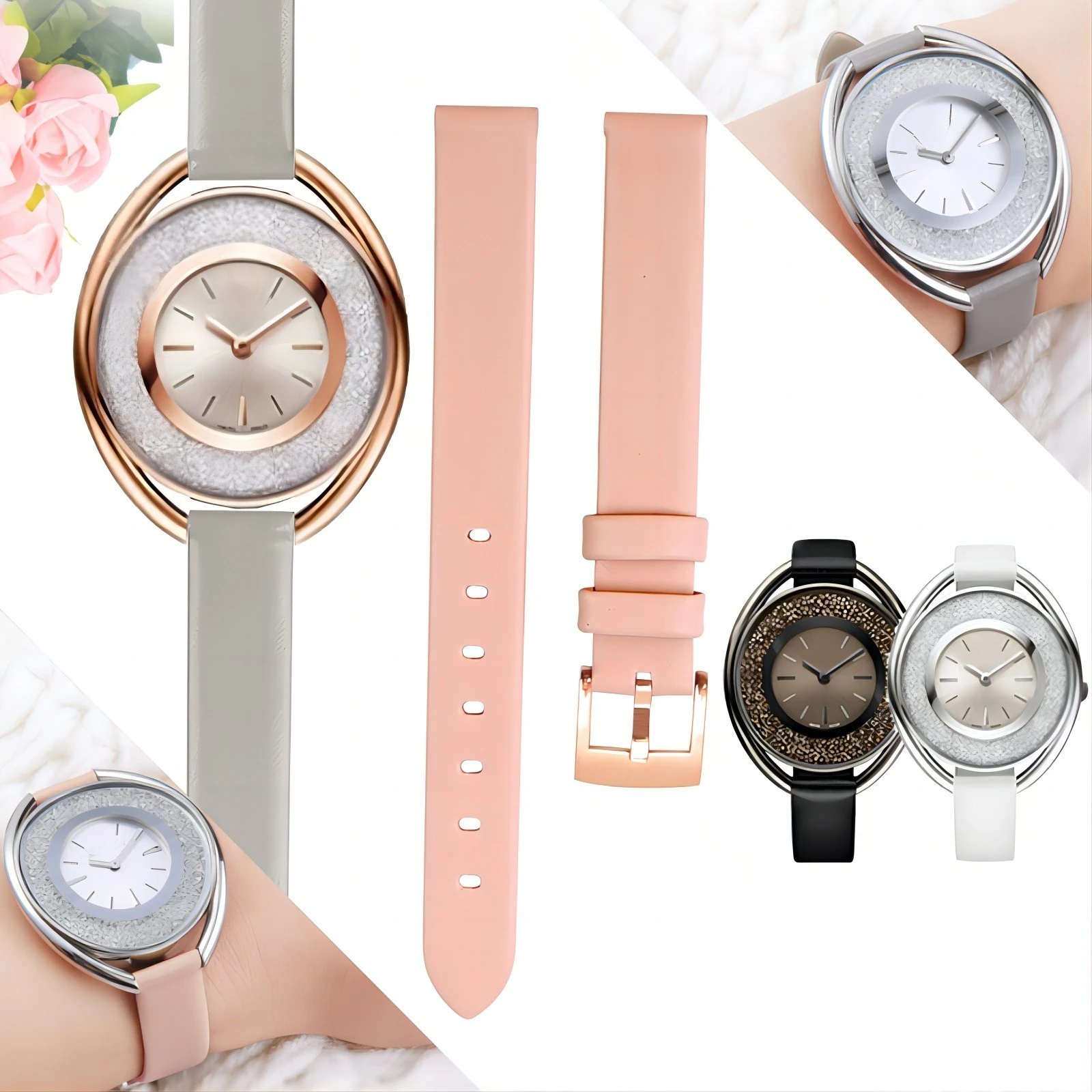 Pasek do zegarka z miękkiej skóry bydlęcej dla kobiet Swarovski 5158517 / 5158544 / 5158972   12mm 14mm żeński pasek do zegarka Pin różowy/szary/czarny akcesoria