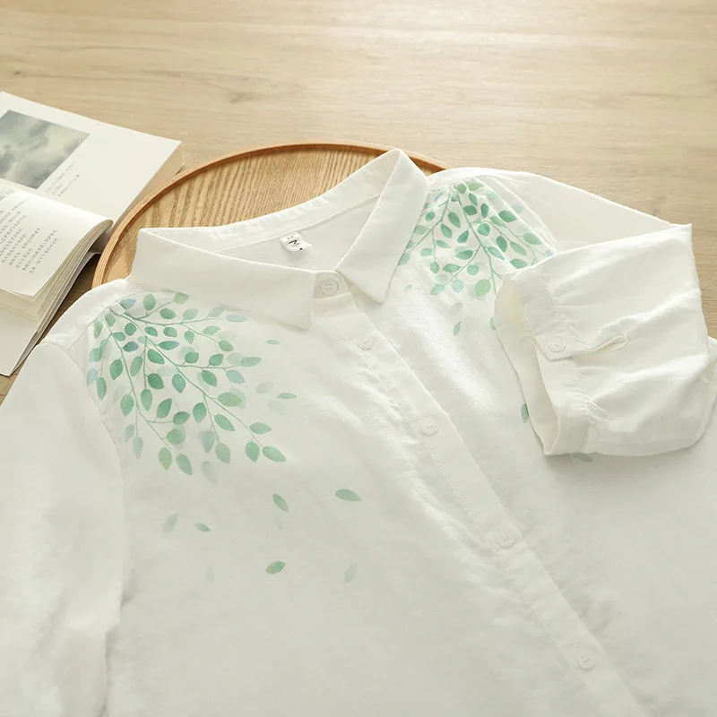 

Double Layer Cotton Shirt for Women Fresh Leaf Printing Half Sleeve Summer White Tops All-match Casual Blouse S165