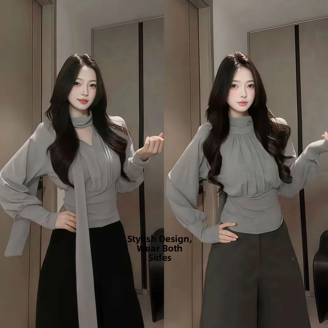 

Двусторонняя женская футболка с воротником-стойкой и длинным рукавом, с утягивающим эффектом на талии, модная новинка весны