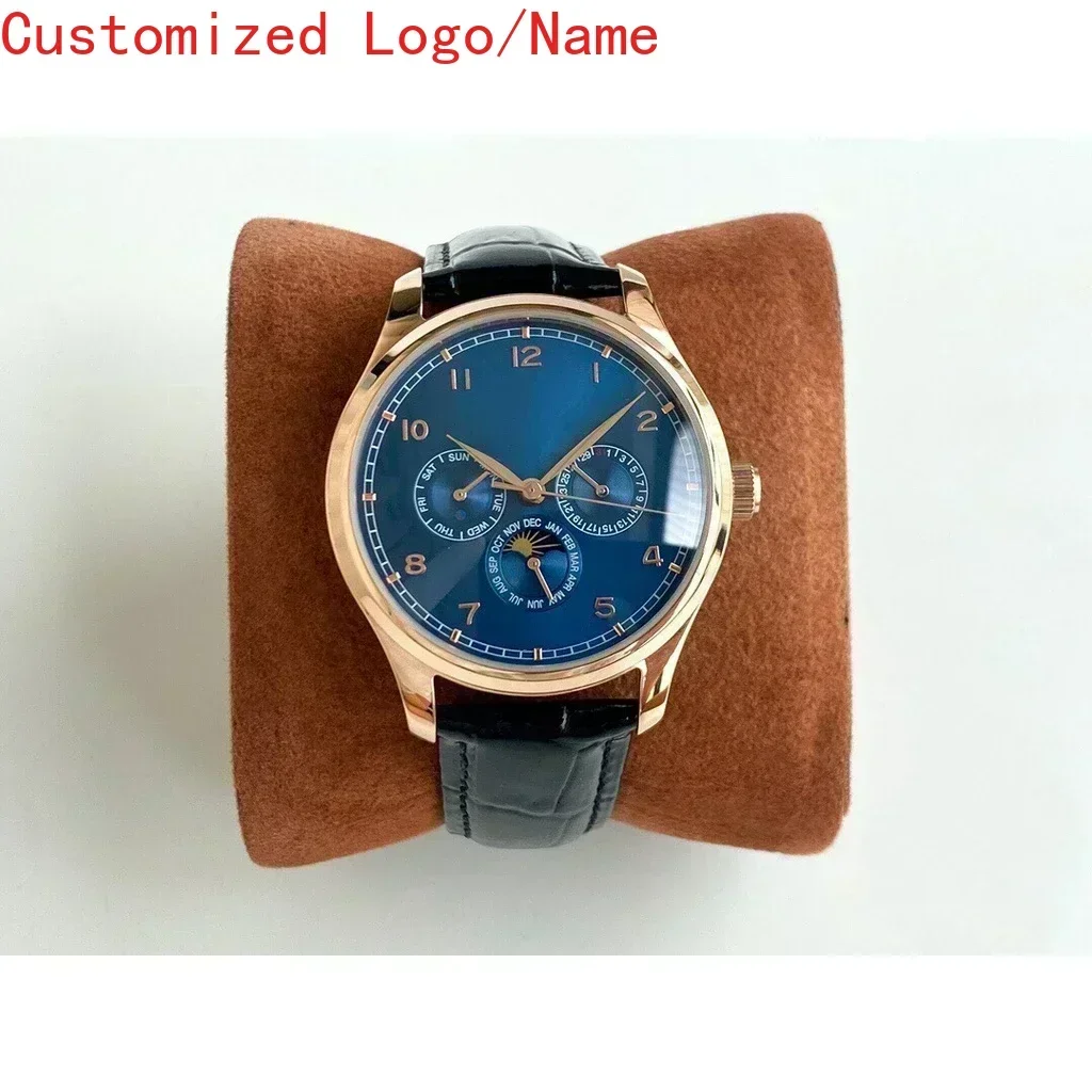 ساعة ميكانيكية أوتوماتيكية للرجال ساعات رياضية باللون الذهبي الوردي والأزرق والأبيض وحزام جلدي مخصص #1