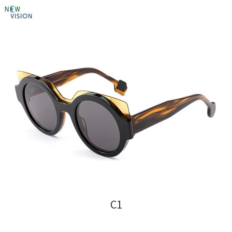 New Women Sunglasses Round Color Blocked Large Frame Luxury Fashion Acetate Red Frame Grey Lens Personalized Men  Sun Glasses