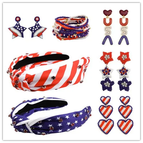 Hot-selling American Independence Day headband, Founding Day rice beads, fabric diamond-encrusted alloy love earrings, star brac