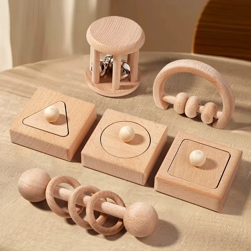 Children's wooden toy rattle natural wood 0-12 baby early education grasp geometric shape matching toy set