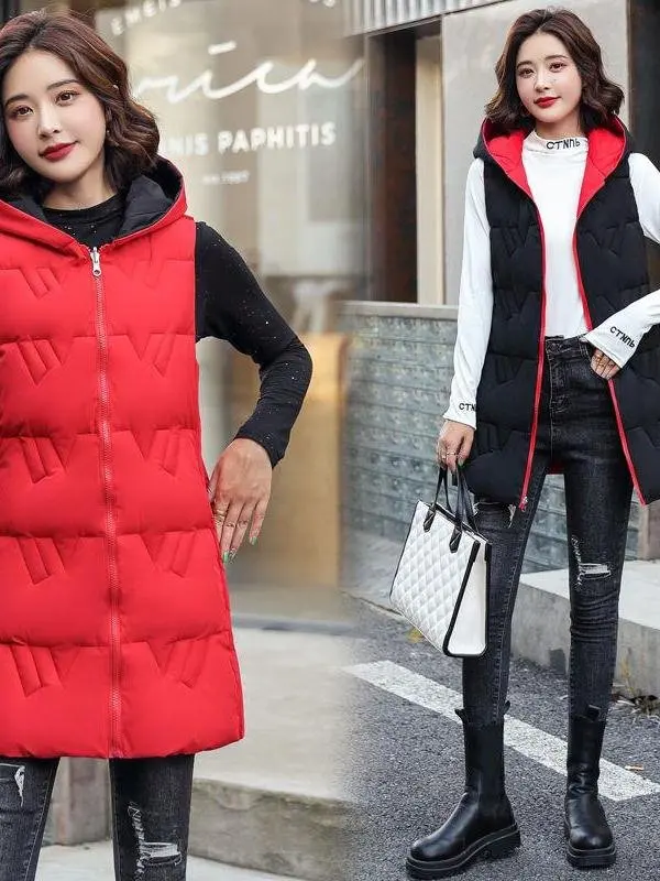 เสื้อกั๊กผ้าฝ้ายมีฮู้ดสำหรับผู้หญิง ความยาวปานกลาง 2-in-1 ให้ความอบอุ่น ฤดูใบไม้ร่วง ฤดูหนาว ดีไซน์เกาหลี ทรงเข้ารูป แฟชั่นใหม่