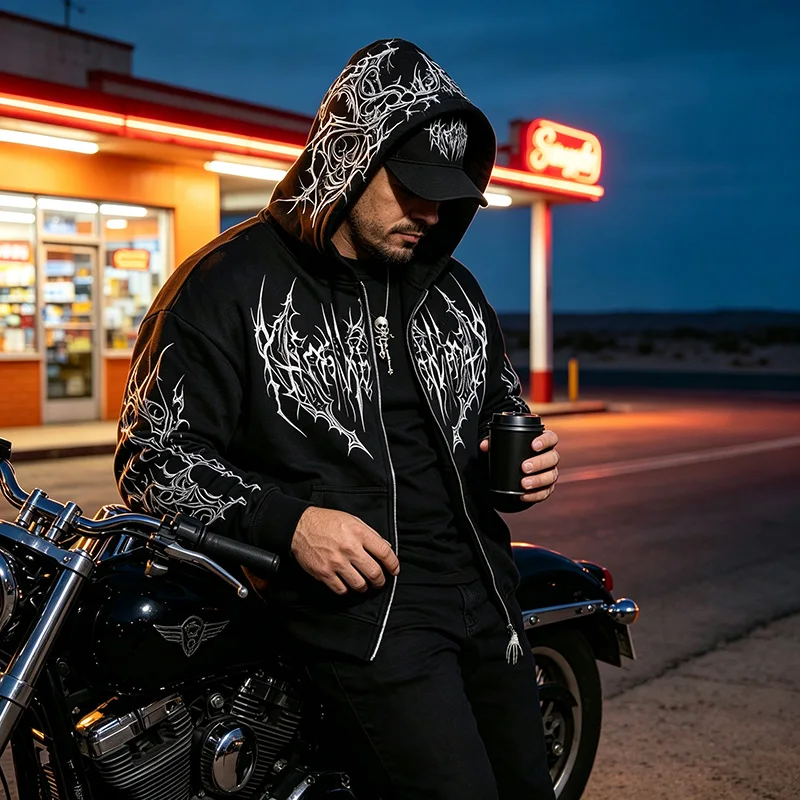 Herren Alt Gothic Zip-Up Hoodie Y2k High Street American Style Dunkler Dornen-Print Fleece-gefütterter Loser Biker Herbst-Winter-Sweatshirt – Detail 14
