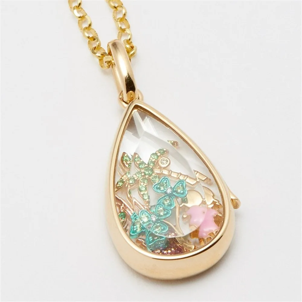 

Teardrop Glass Locket Ocean Theme Necklace, Gold Plated Openable Sea Star Clover Floating Charm Nature Daily Jewelry