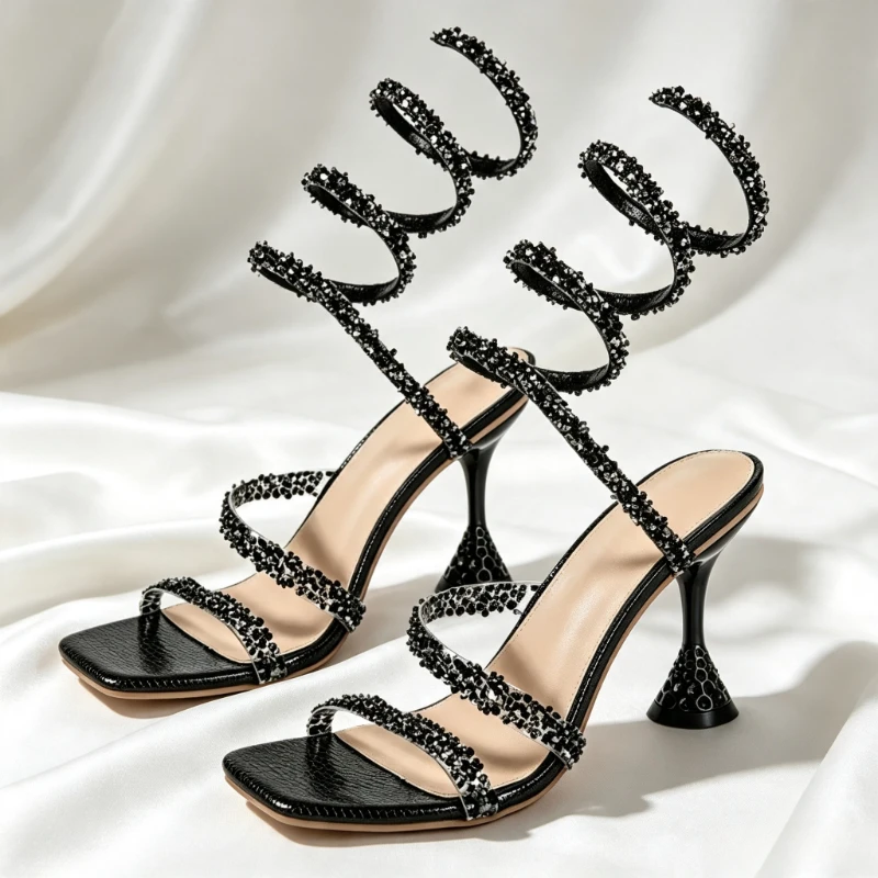 Shiny Rhinestone Detail Wrapped Ankle Stiletto Sandals for Ladies Sexy Open Toe Square-Toe High Heels Elegant Party Dress Shoes