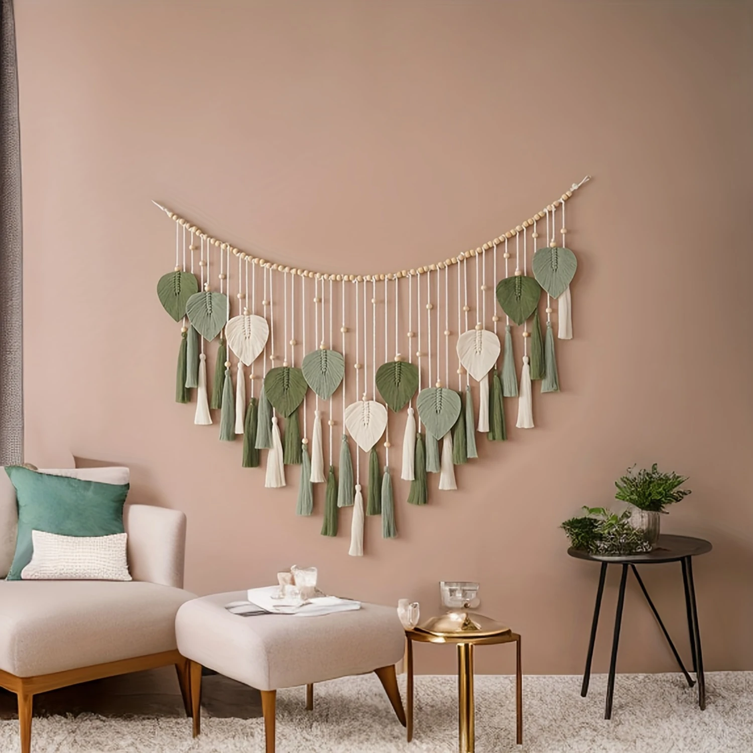 Bohemian Handcrafted Woven Leaf Tapestry with Tassels - Fabric Wall Hanging Decoration for Living Room, Bedroom, Kid's Room - Un