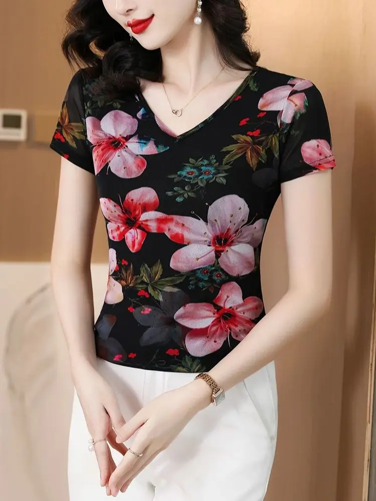 Spring Summer Retro Charming Colorful Printed Flowers Elastic Double Layer Woman T-shirt Short Sleeves V-neck Female Mesh M-4XL