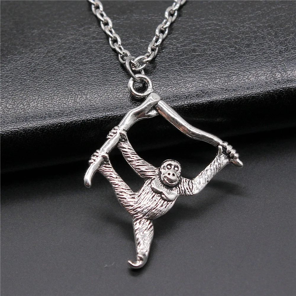 Vintage Antique Silver Plated 39x32mm Orangutan Monkey Pendant Necklace For Women Men Long Chain Trendy Jewelry Accessories