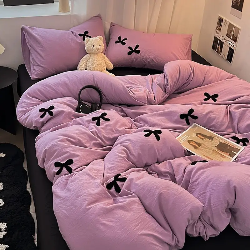 

INS Bowknot Duvet Cover Solid Color Bed Linens Pillowcases Luxury Purple Black Bedding Set For Girls Woman Decor Home