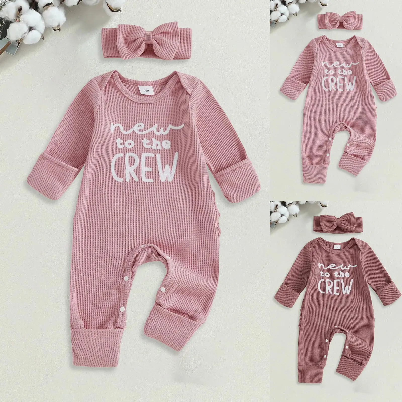 

Baby Girl Romper Long Sleeve Embroidered Letter Ribbed Knitted Jumpsuit With Headband Infant Toddler Bodysuit ropa de bebé