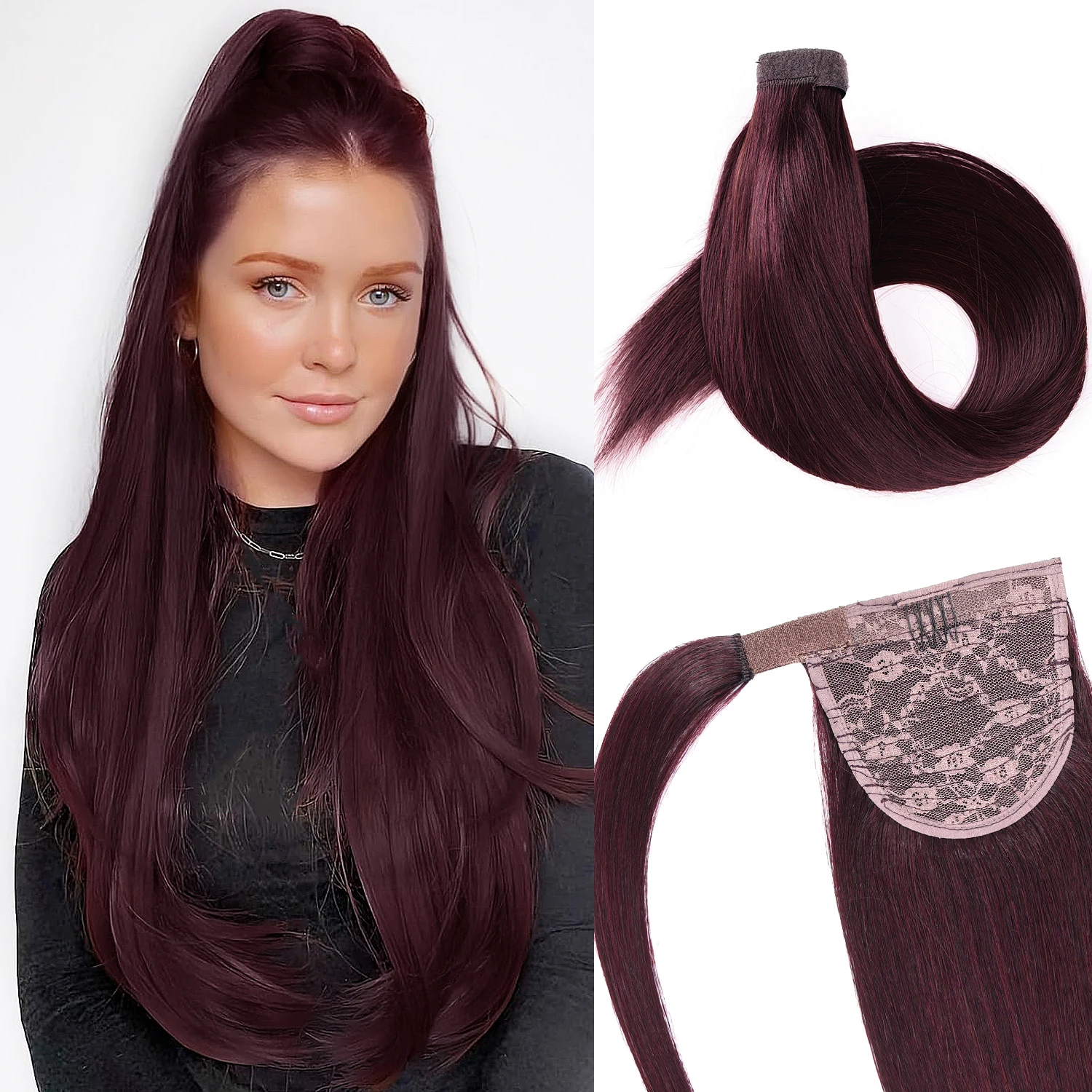#99J Burgundy Ponytail Extension Natural Straight Human Hair Ponytail Dark Wine Wrap Around Ponytail Extensions With Invisible Magic Paste
