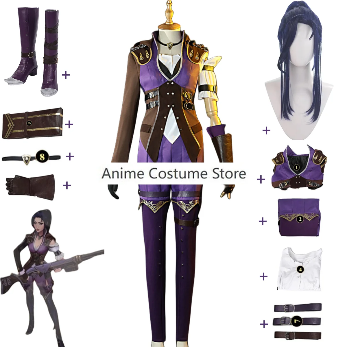 Game LOL Caitlyn Kiramman Sheriff of Piltover Cosplay Costume Small Cake Coat Uniform Boot Wig Woman Sexy Carnival Suit