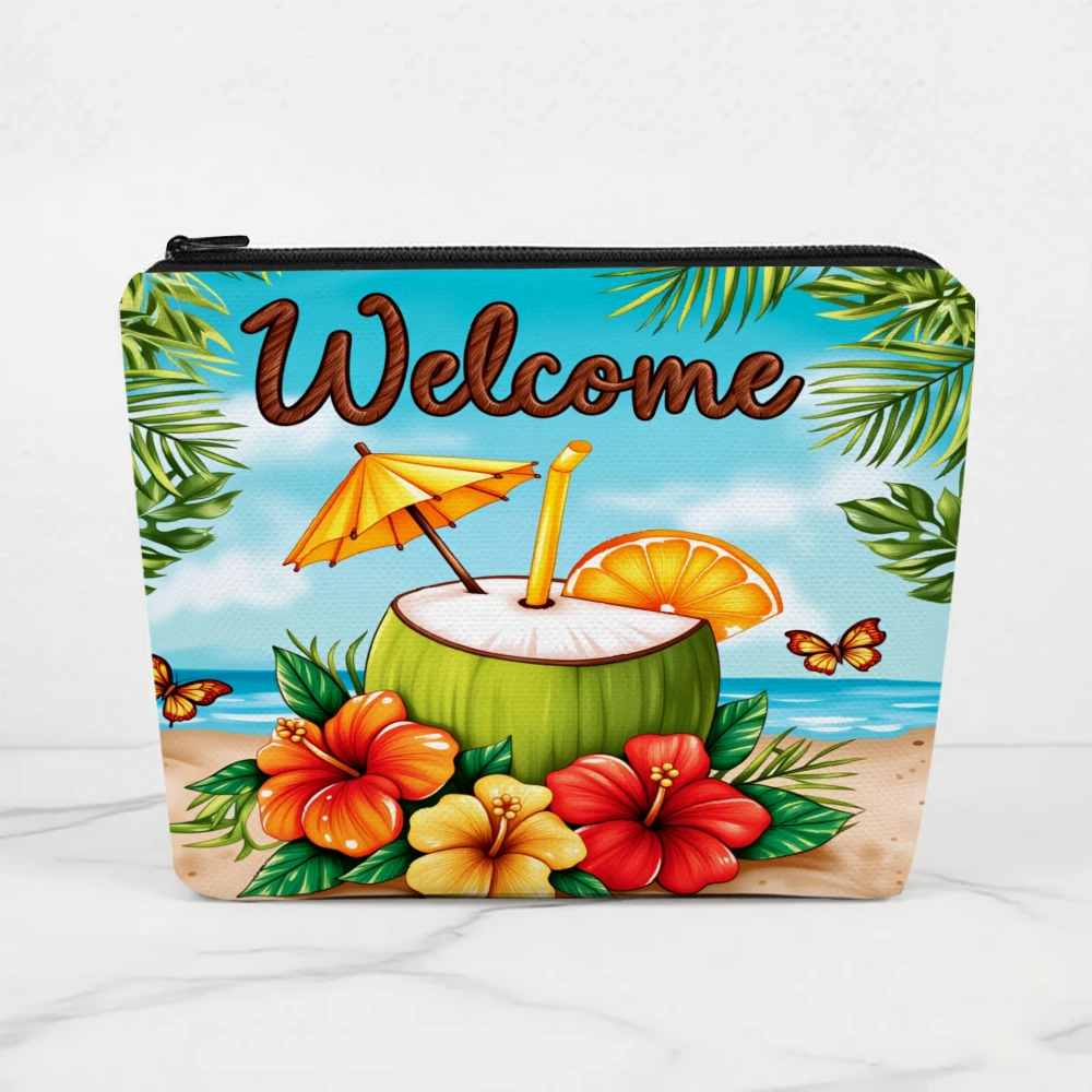Bolsas de maquillaje con diseño de playa tropical y bebida de coco para niñas, bolsa de cosméticos, bolsa de aseo, estuche para lápices, almacenamiento de viaje