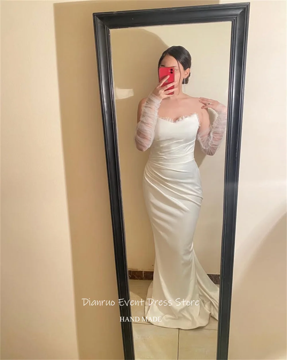 Gaun Pengantin Ruched Putri Duyung Dianruo Gaun Pengantin Satin Modern Gaun Malam Tanpa Lengan Panjang Lantai yang Canggih Dapat Disesuaikan