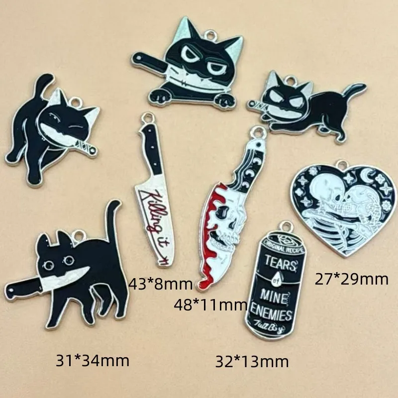 10PCS New Halloween Black Cat Punk Knife Dagger Love Skull Pendant DIY Earrings Necklace Keychain Accessories