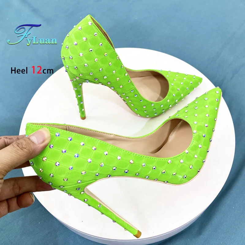 

Green Black Ladies High Heels 8CM 10CM 12CM Nightclub Stage Model Shown Women Pumps Imbue Rhinestone Party Dress Single Shoes