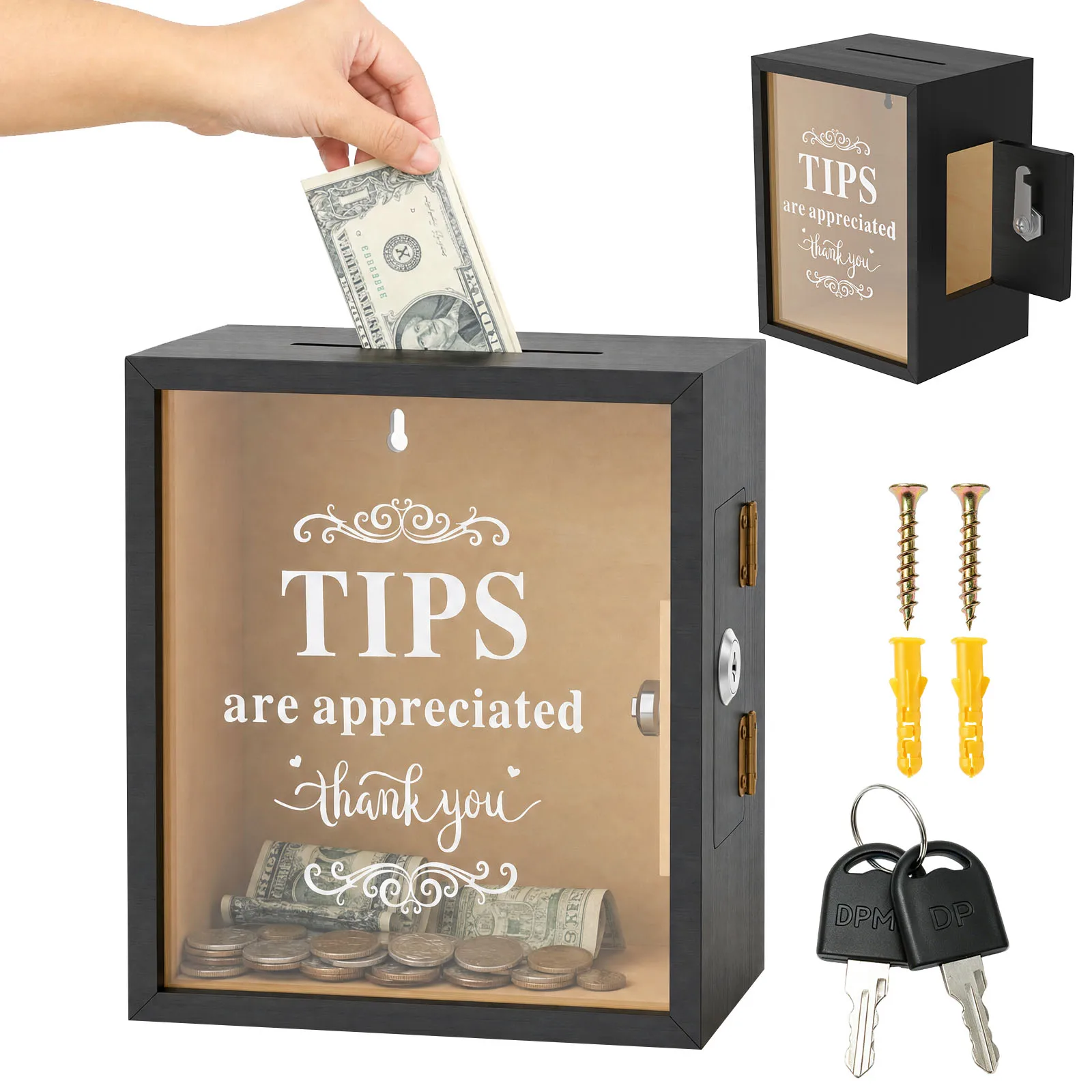 Wood Tip Box with Lock and Key Clear Acrylic Window Tip Jar for Notes Ballots Tickets Compact Tip Case for Restaurants Bars Cafe