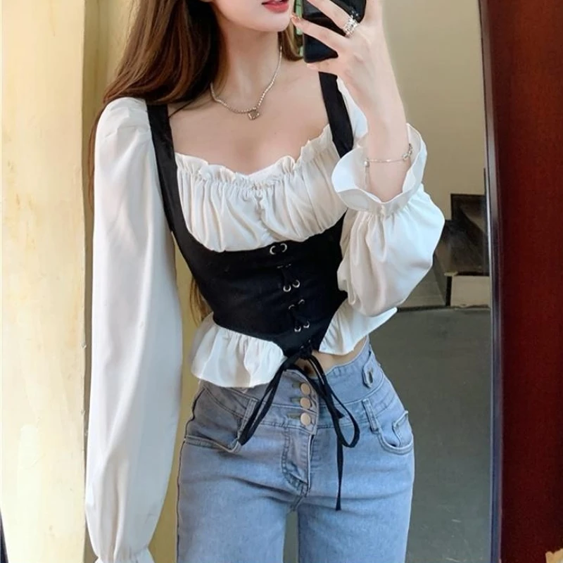 Blouses Women Ruffles Square Collar Fake Two Piece Temper Hotsweet Cropped Slim Panelled Designer French Fashion Clothing Chic