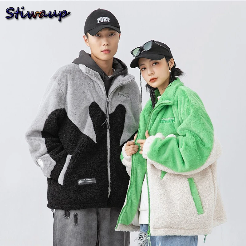 Thick Warm Wool Lamb Couple Coat Ladies Stand Collar Letter Embroidery Women\'s Oversize Padded Plush Jacket Heated for Men Style