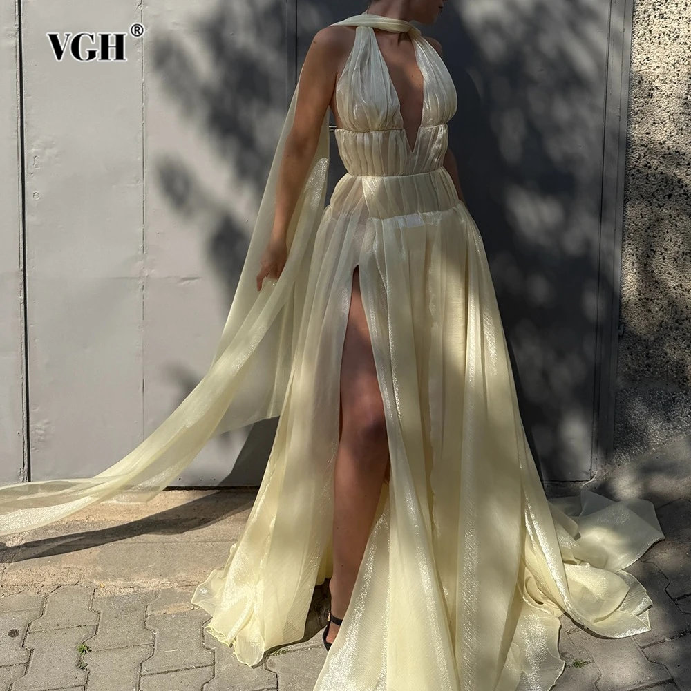 

VGH Solid Sexy Slimming Dinner Dresses For Women Deep V Neck Sleeveless High Waist Temperament Dress Female Fashion Style New