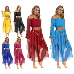 Womens Belly Dance Costume Sequin Off Shoulder Crop Top And Chiffon Skirt Carnival Theme Party Oriental Indian Dancing Outfit