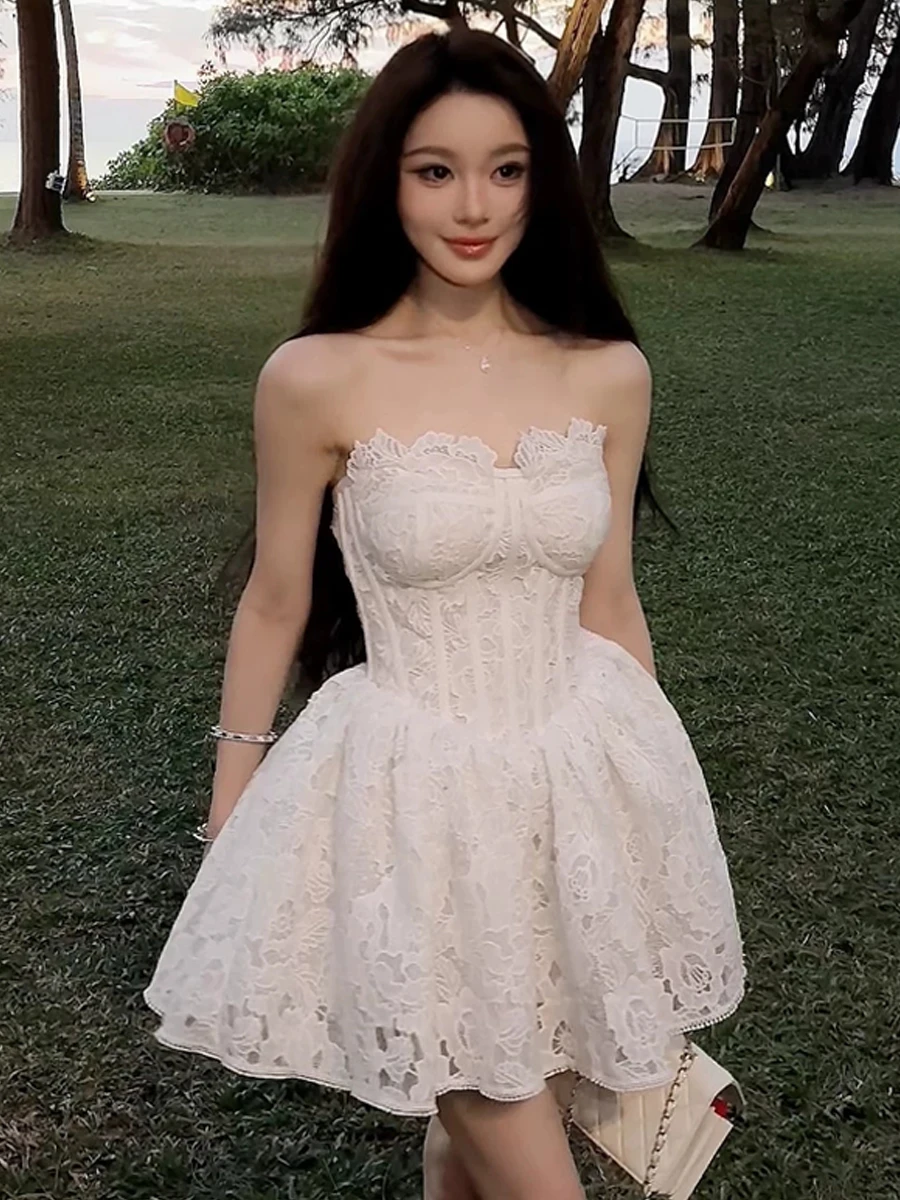 

Lace Bandeau Fibone Dr Women's Birthday Par Dr Slimming Puffy ort Skirt High Waist Sweet Sle Zipper Bal